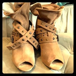 Suede short, peep toe booties with silver